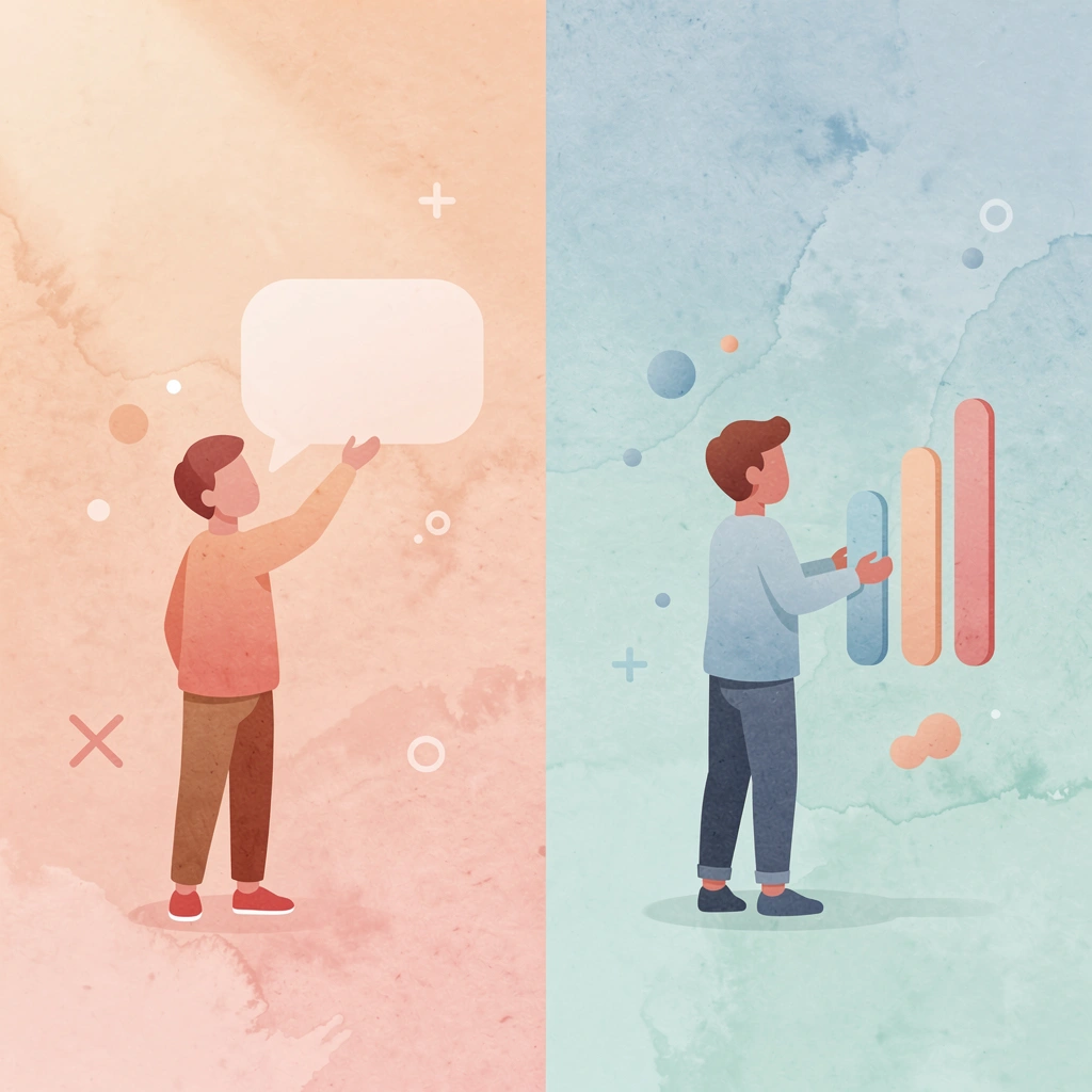 Split scene showing contrast between focusing on wrong vs right aspects of digital business cards