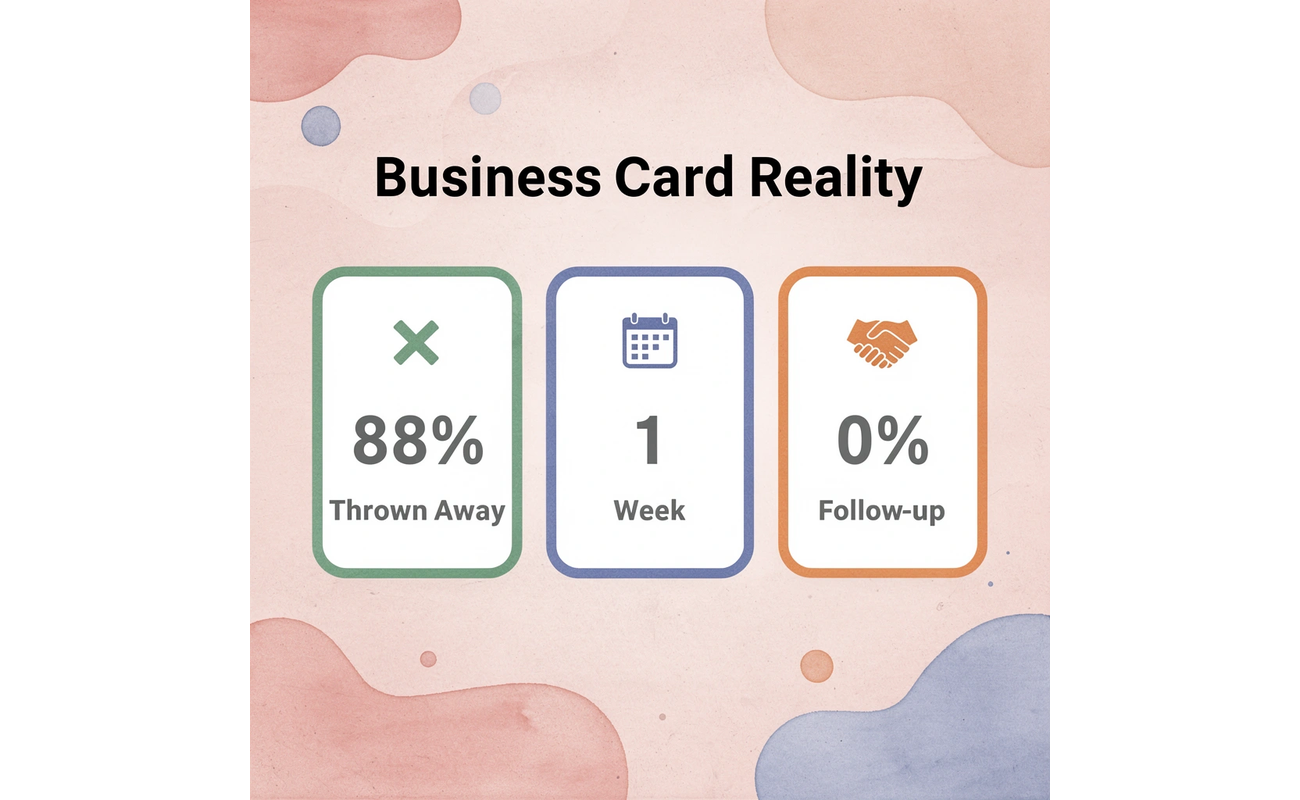 Statistics showing 88% of business cards thrown away within 1 week, with 0% follow-up
