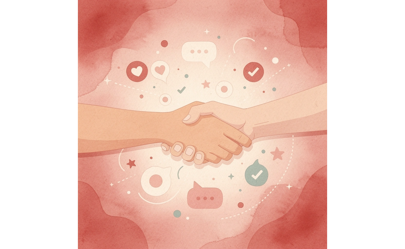 Two hands connecting with floating business icons representing networking value streams