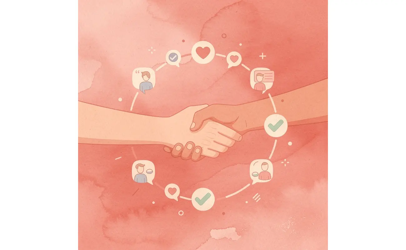 Handshake scene with floating digital business card and CRM icons