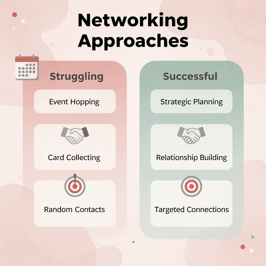 Comparison chart showing struggling versus successful networking approaches