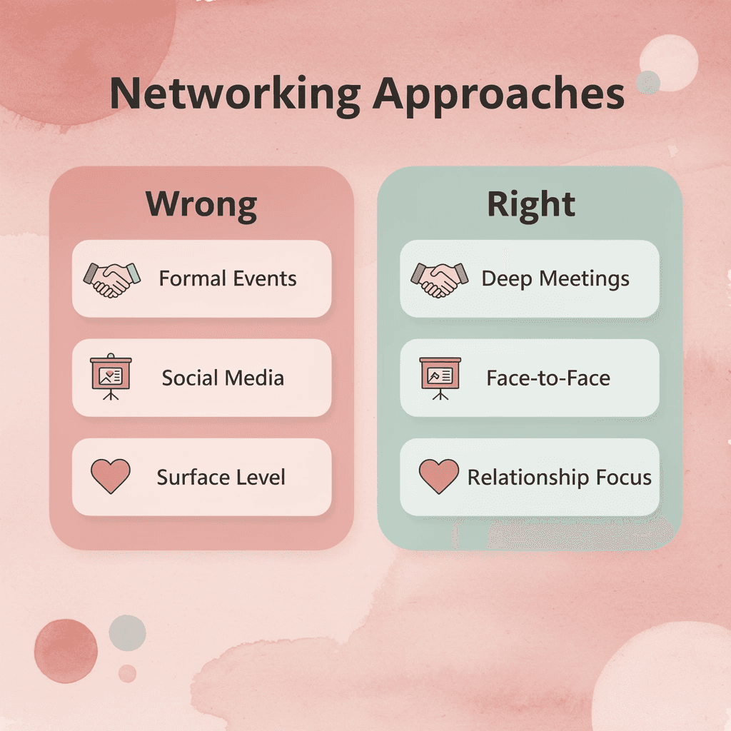 Comparison infographic showing wrong vs right networking approaches
