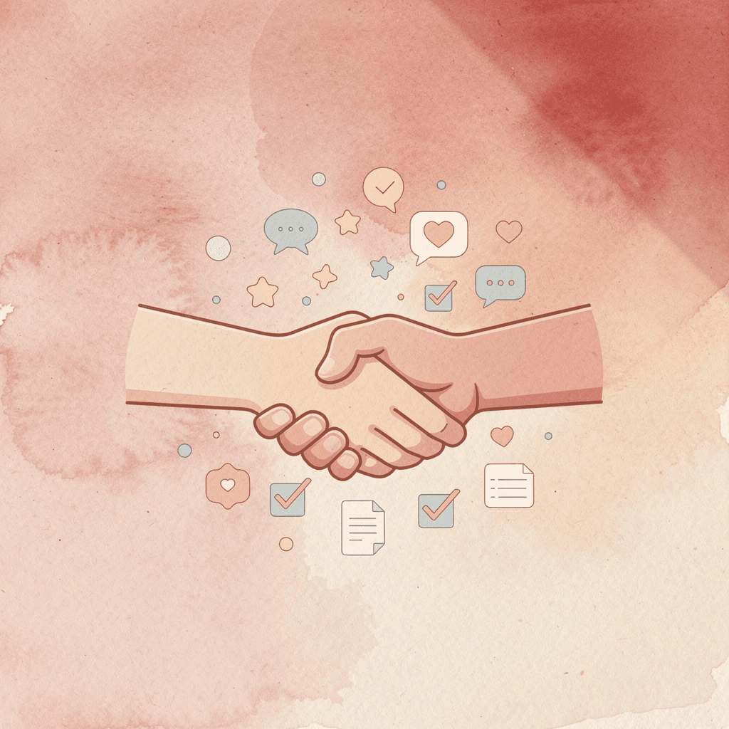 Handshake scene with floating digital contact icons
