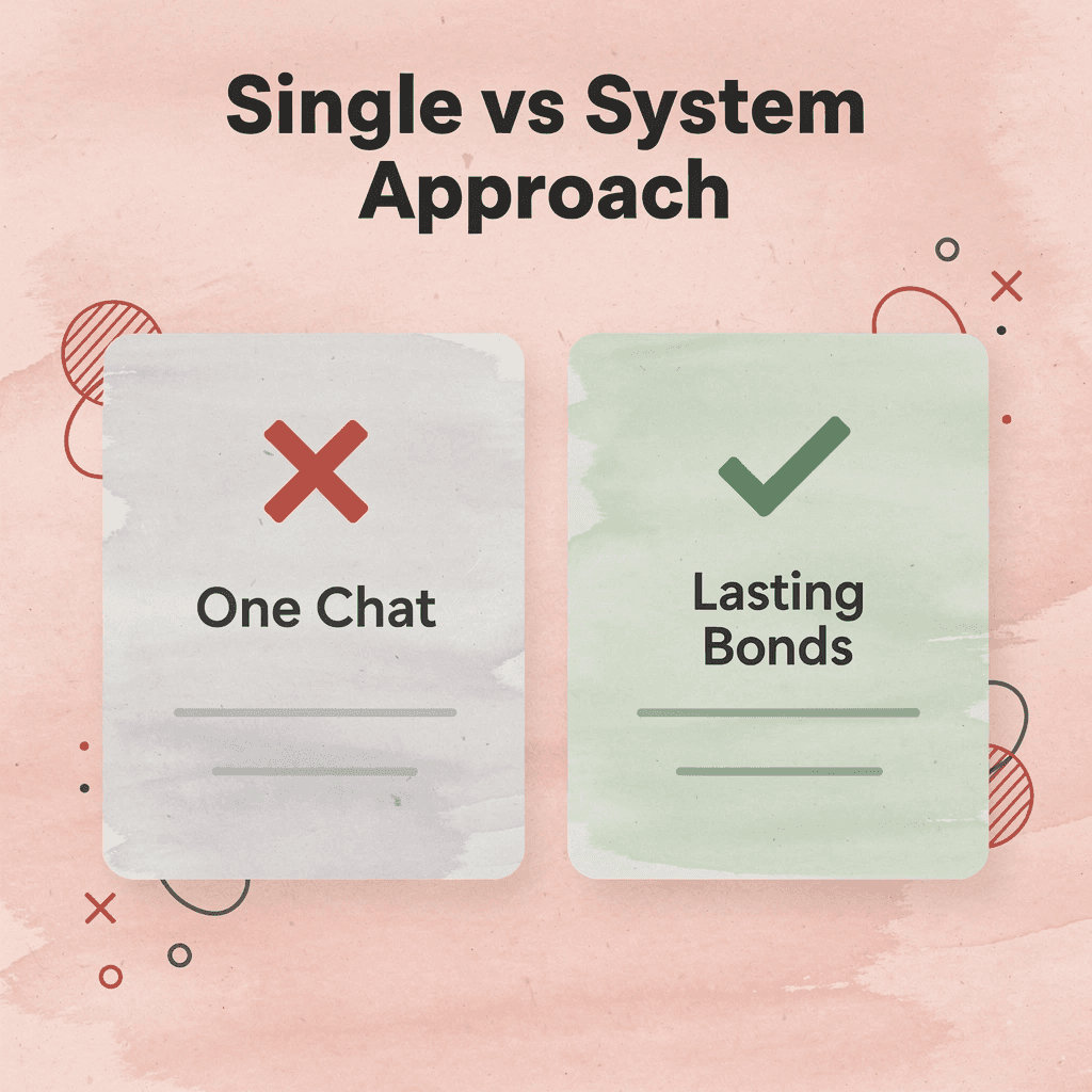 Before and after comparison showing transformation from single interactions to lasting relationships