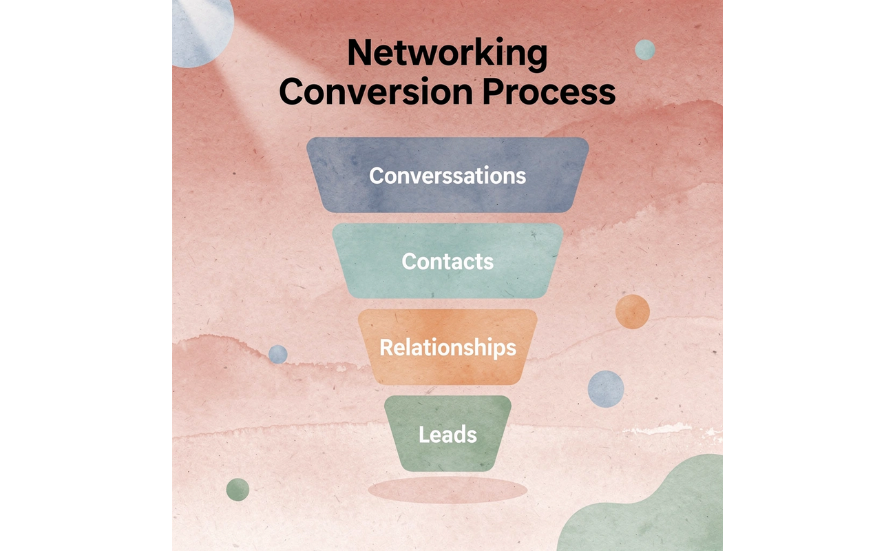 Funnel diagram showing the networking conversion process from conversations to leads