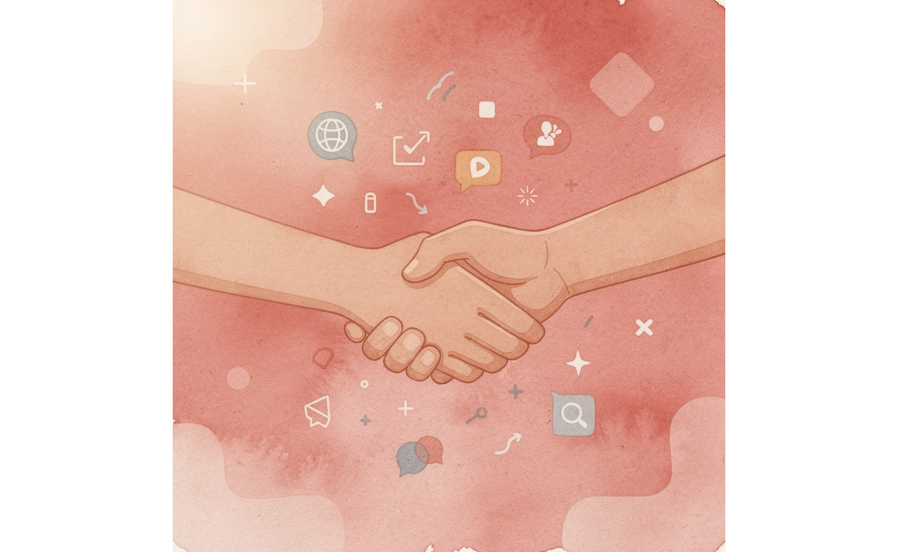 Scene showing traditional networking handshake with floating business cards