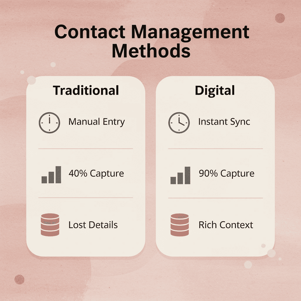 Comparison chart showing traditional vs digital contact management methods