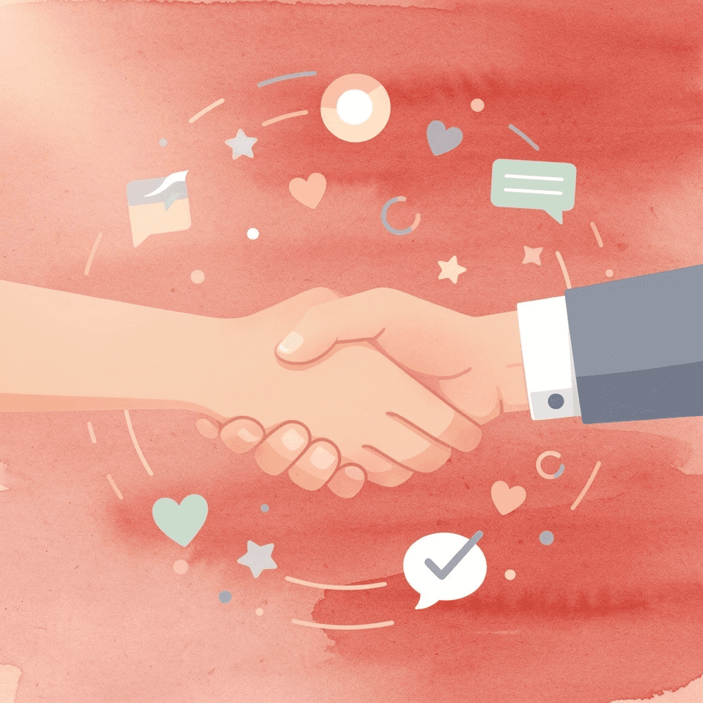 Handshake scene with floating contact and CRM icons representing networking conversion