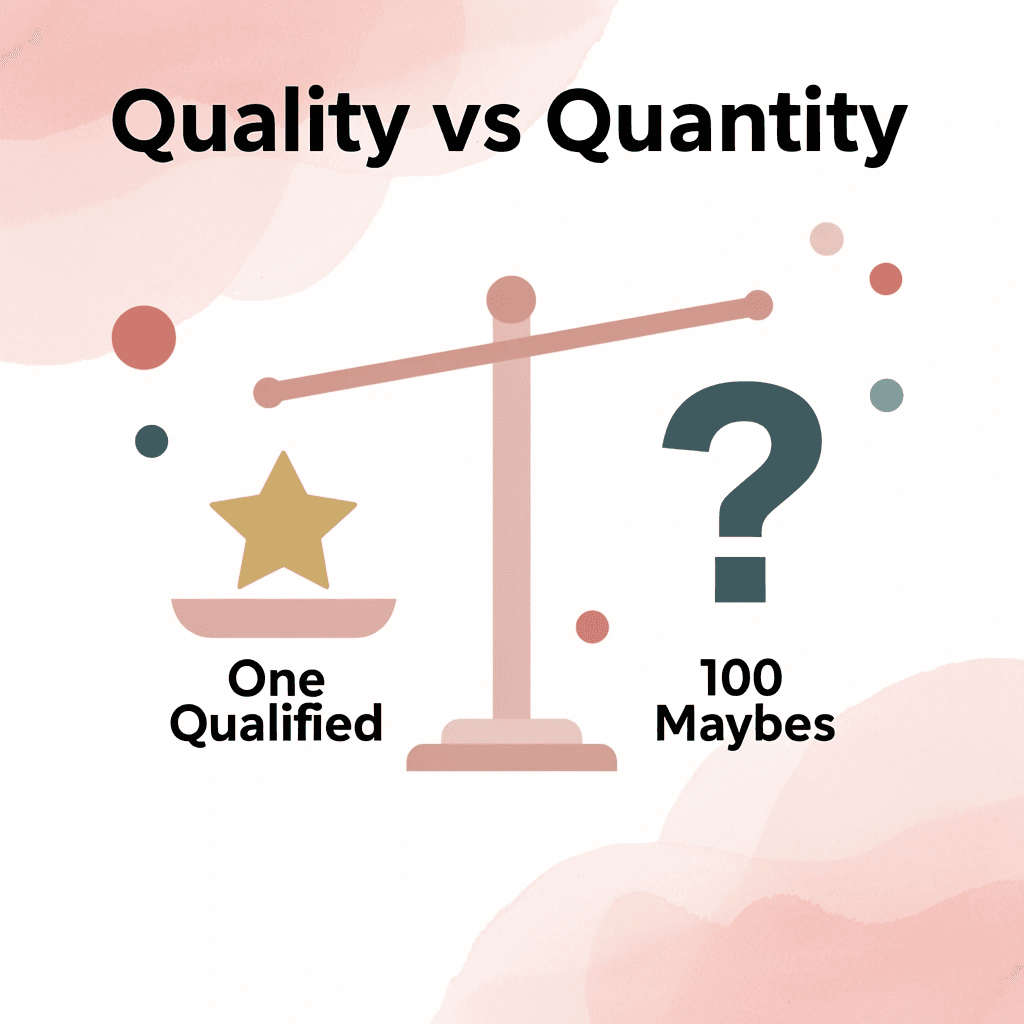 Balance scale comparing one qualified contact versus 100 unqualified contacts