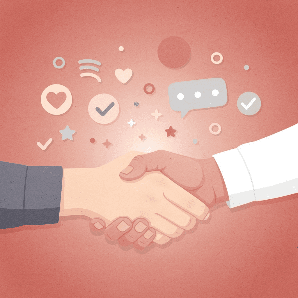 Business handshake scene with floating contact icons representing networking opportunities