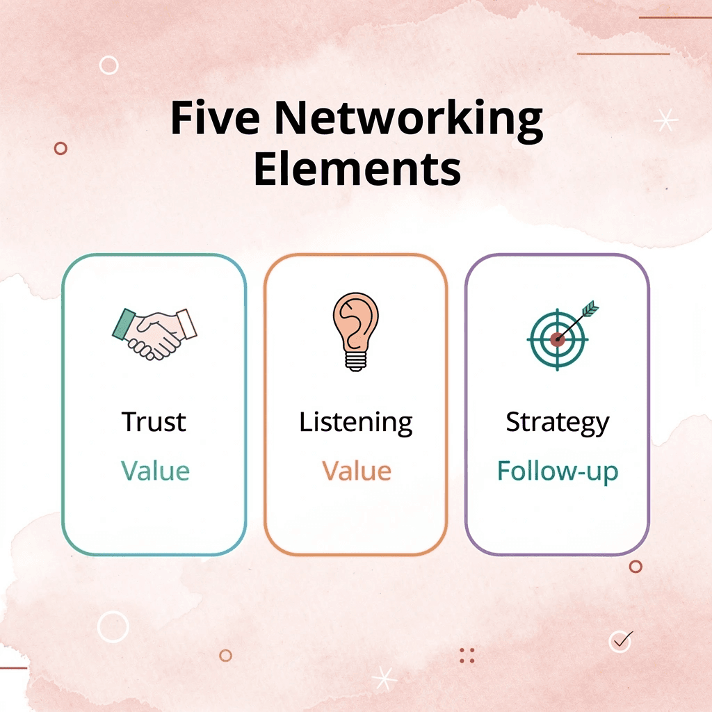 Five cards showing the core elements of professional networking