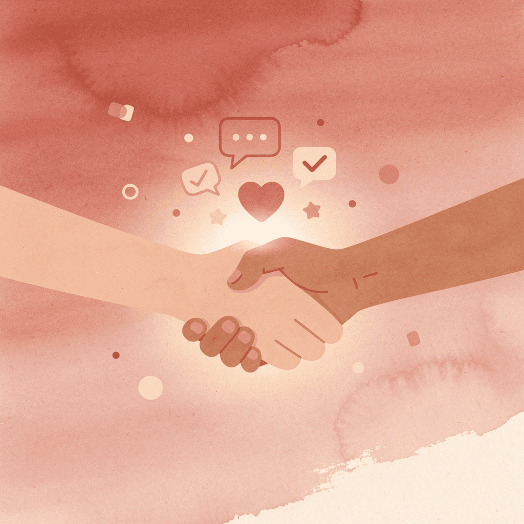 Scene showing a handshake with floating icons representing professional networking and trust building