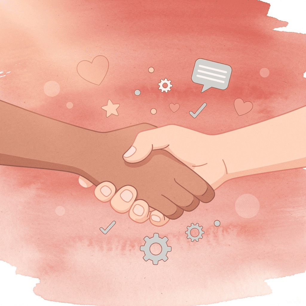 Two hands connecting with floating icons representing memorable networking interactions