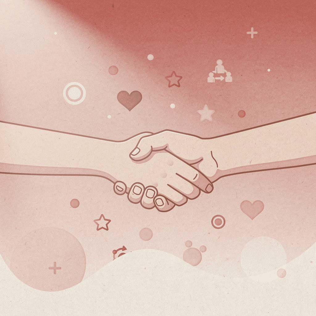 Illustration of hands connecting with floating networking icons