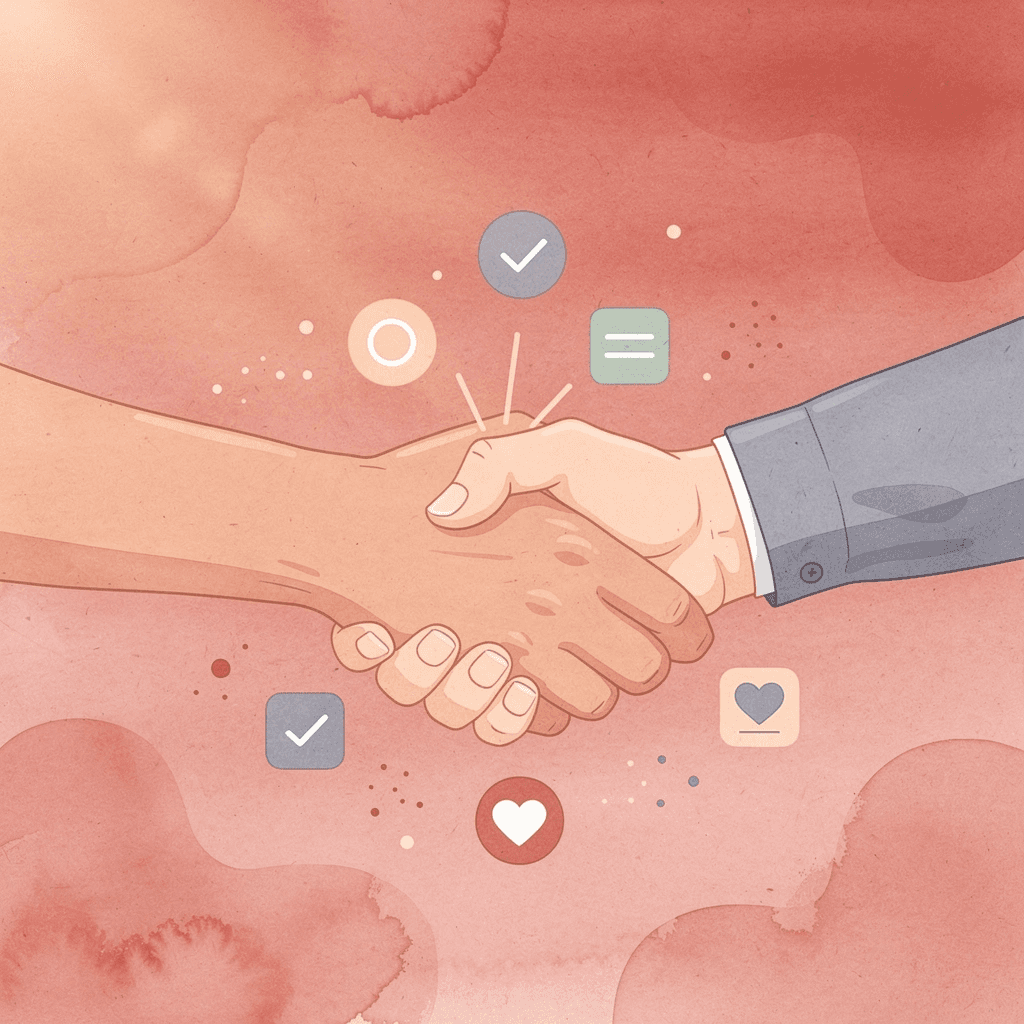 Two hands connecting with floating contact icons representing networking conversations