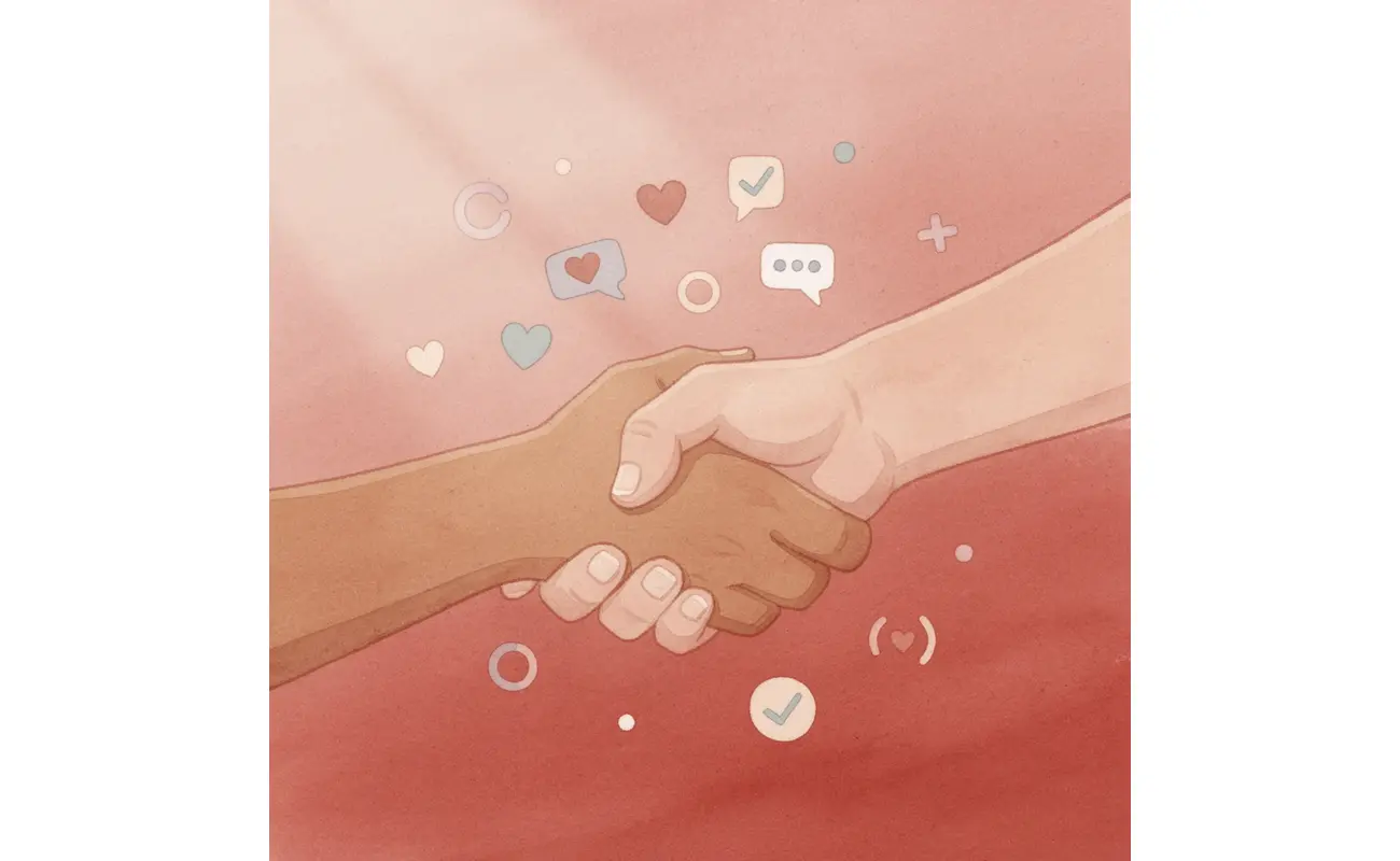 Two hands shaking with floating contact and networking icons