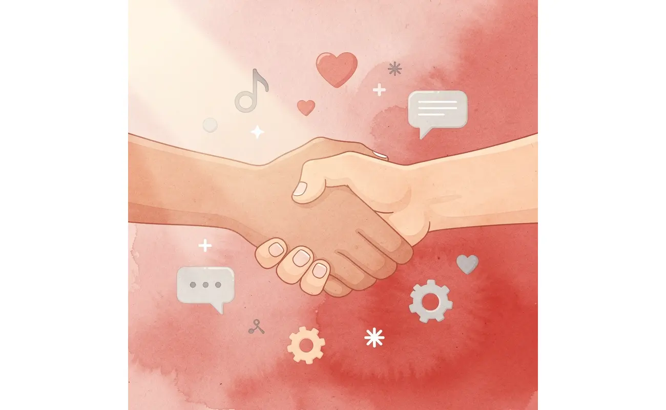 Hands connecting with floating contact icons representing networking follow-up