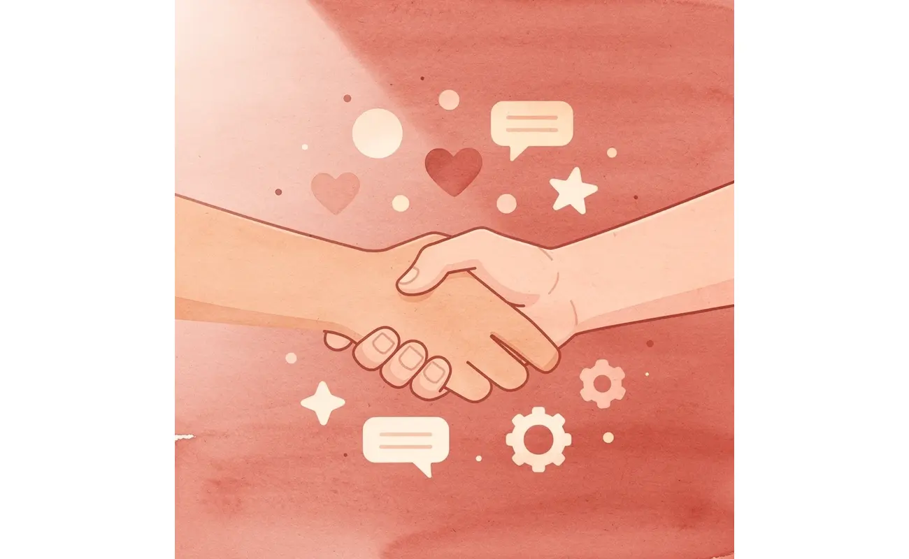 Two hands connecting with floating icons representing genuine networking relationships