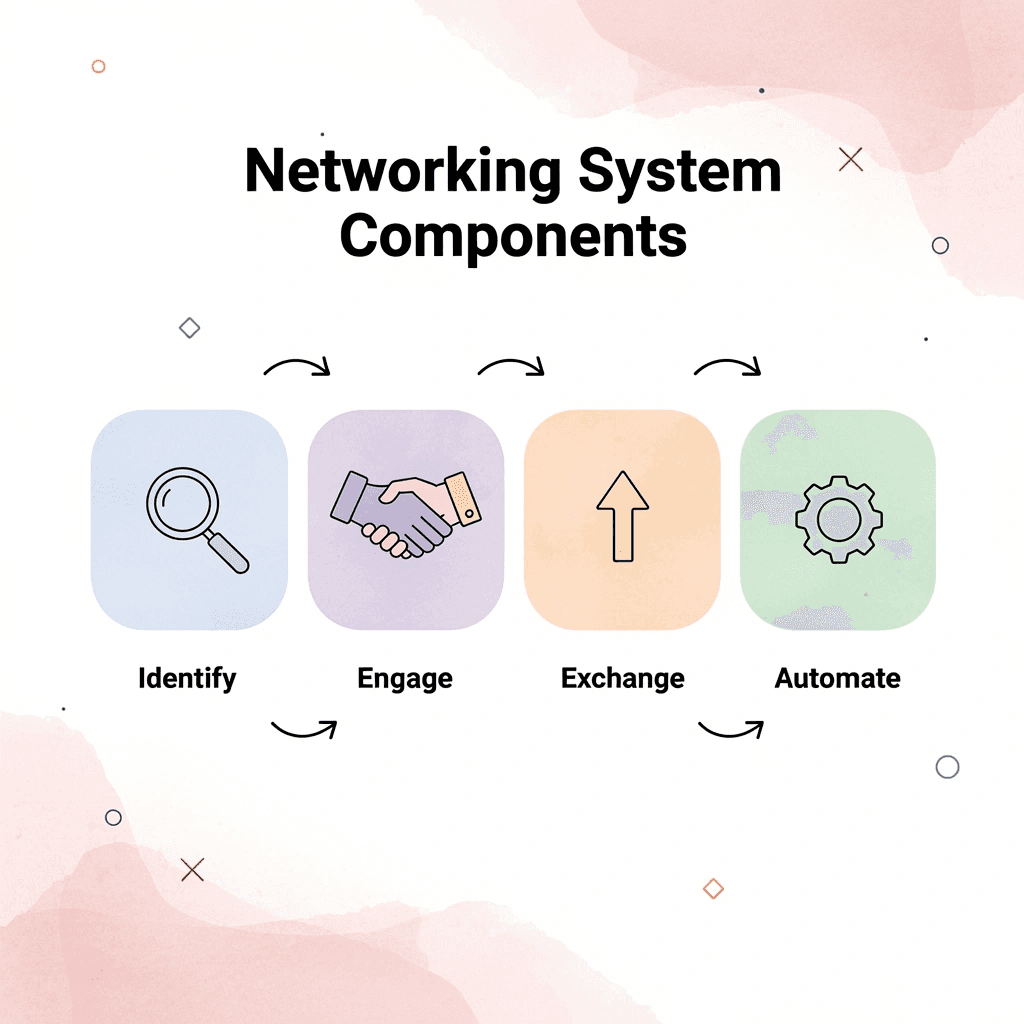 Process flow showing four components of systematic networking - Networking Tips for Small Business Owners