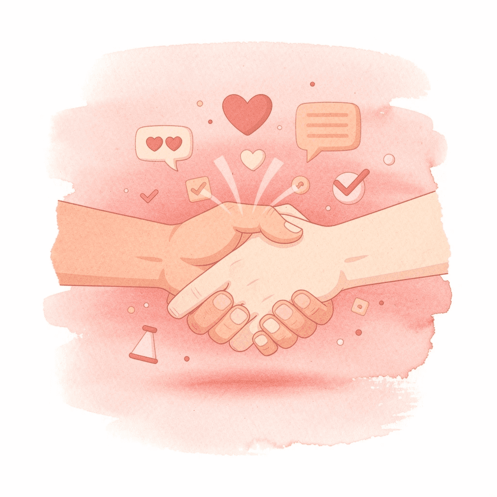 Handshake scene with floating data icons representing networking conversations as trackable opportunities - Networking Tips for Small Business Owners