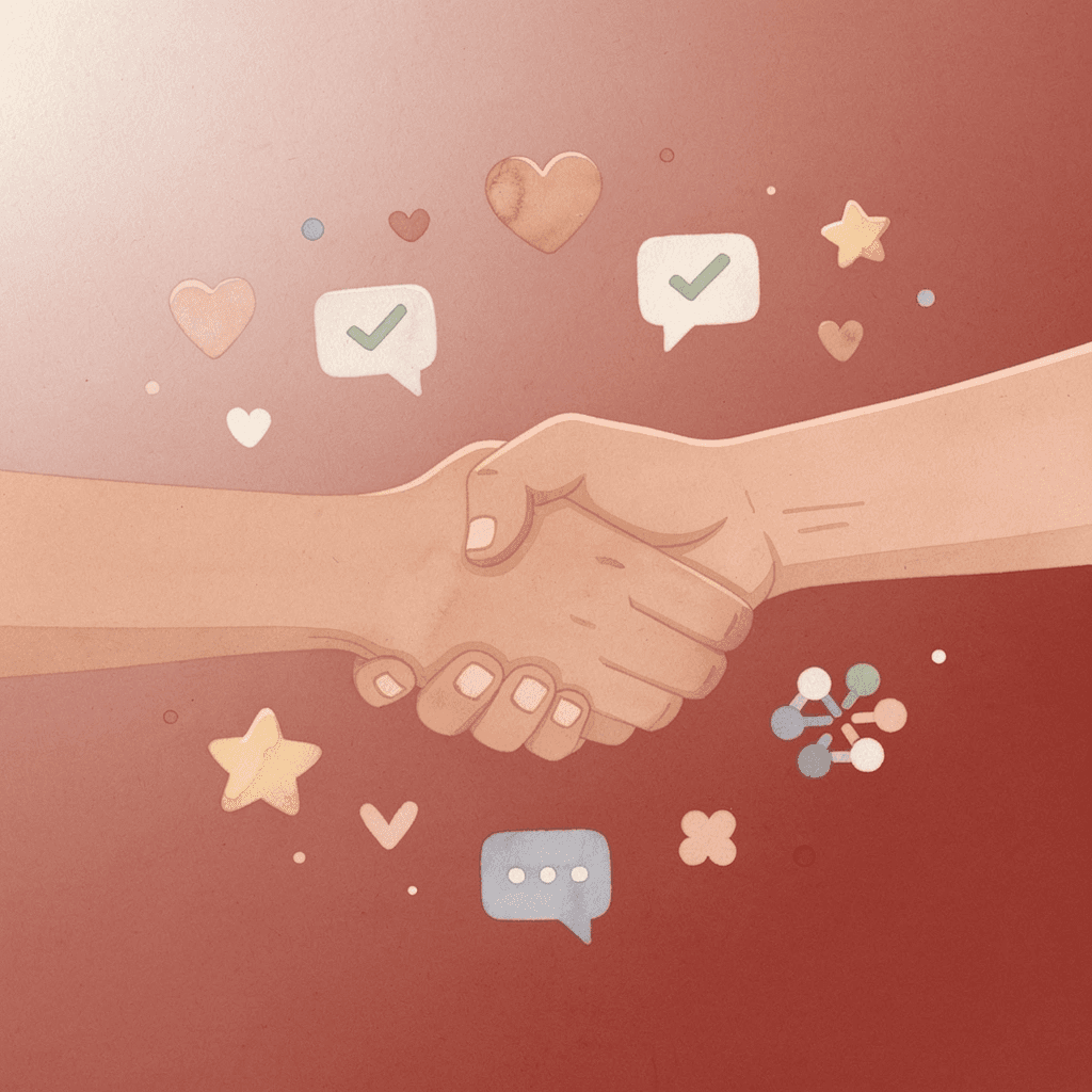 Two hands shaking with floating business icons representing networking relationships - Networking Tips for Small Business Owners