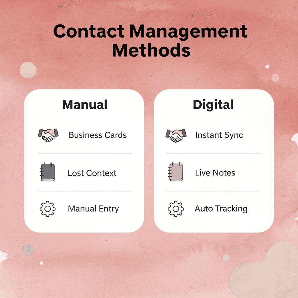 Comparison table showing manual vs digital contact management methods - Networking Tips for Small Business Owners