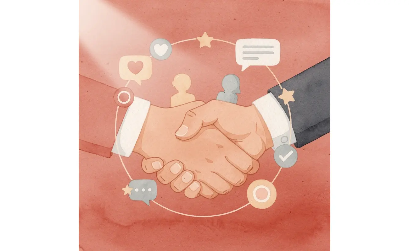 Business networking handshake with floating opportunity icons