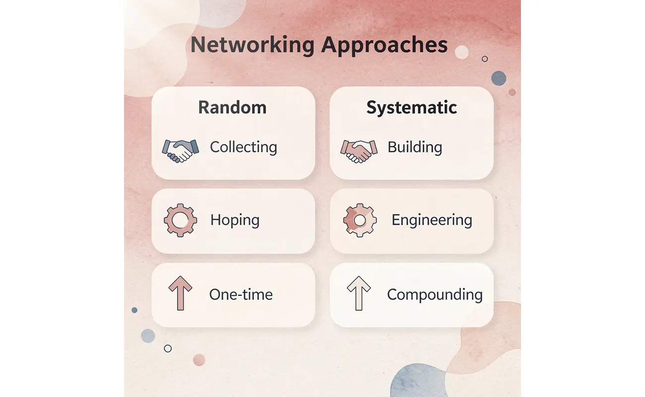 Comparison table showing random networking versus systematic networking approaches