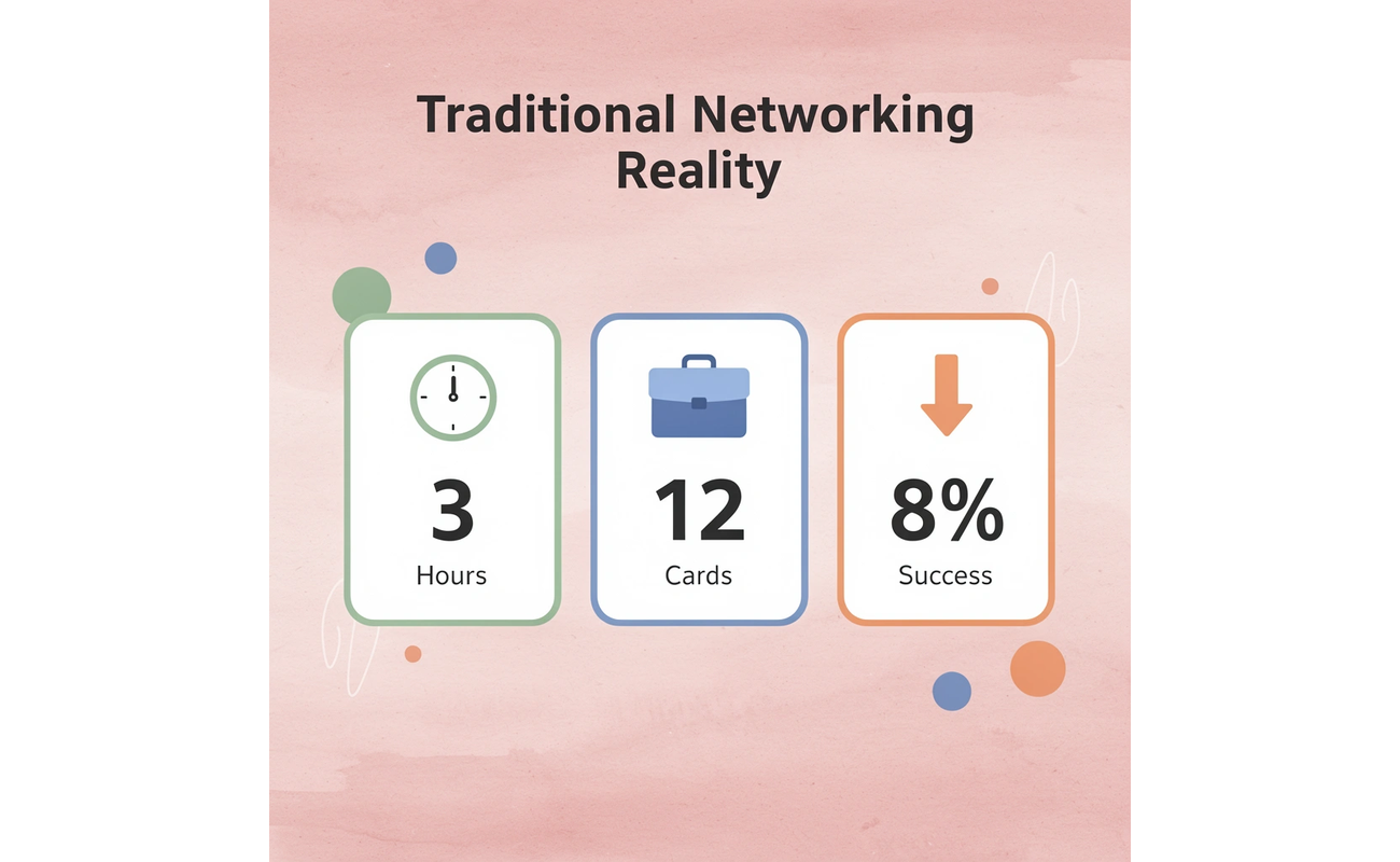 Statistics showing traditional networking inefficiency: 3 hours spent, 12 cards collected, 8% success rate