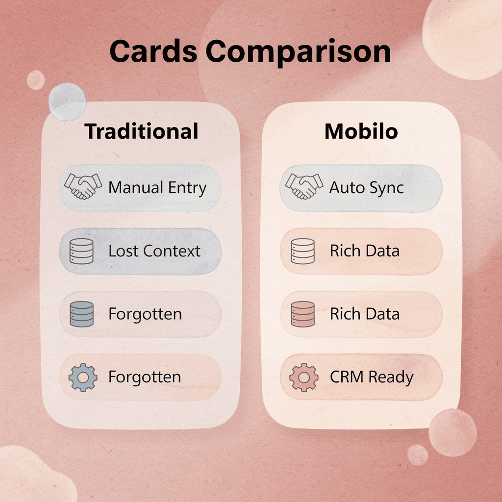 Comparison chart showing traditional cards versus Mobilo system features