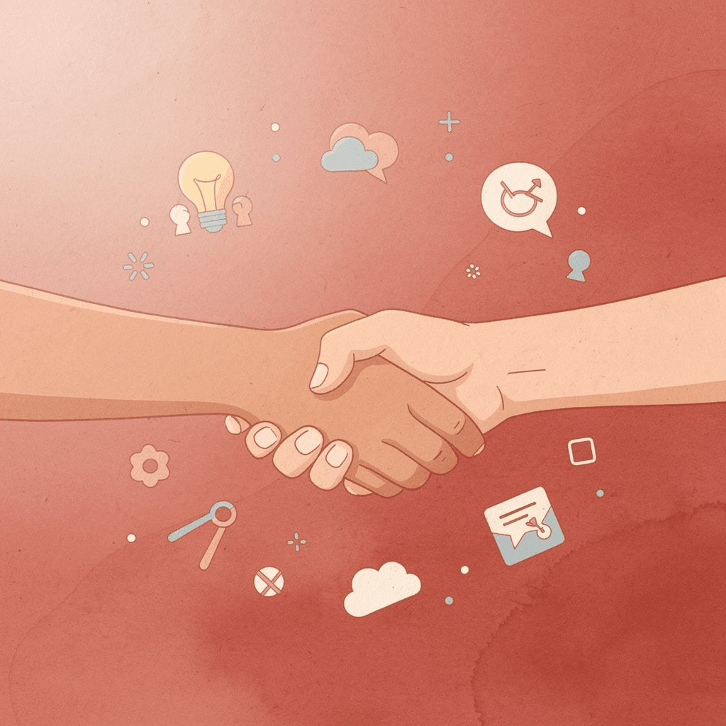 Scene showing hands exchanging business cards with value elements