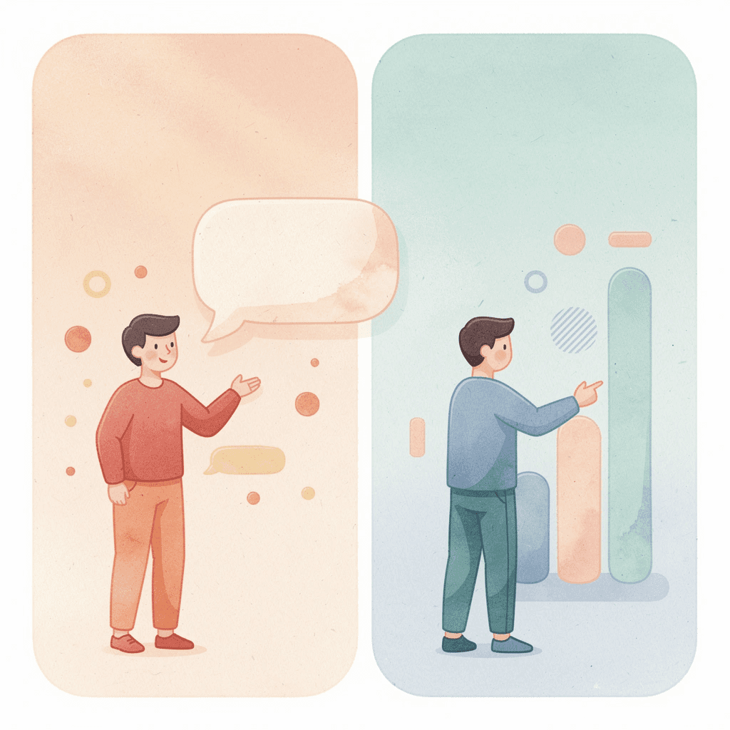 Split scene showing creative designer business card approach versus corporate professional approach