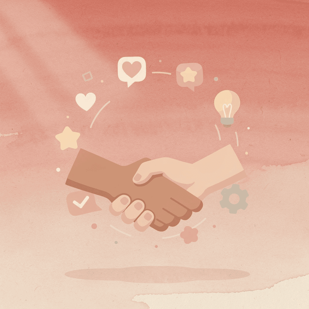 Handshake scene with floating contact icons representing networking connections