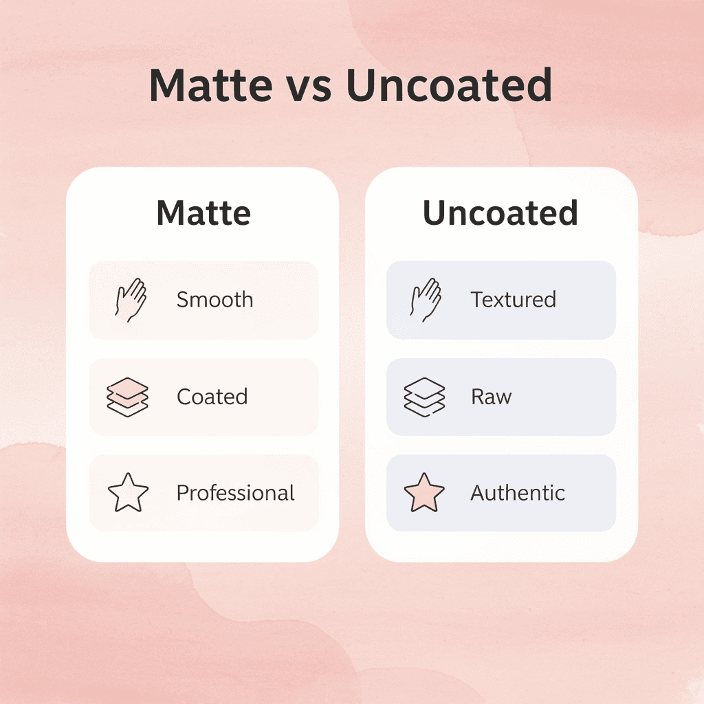 Comparison chart showing differences between matte and uncoated business cards