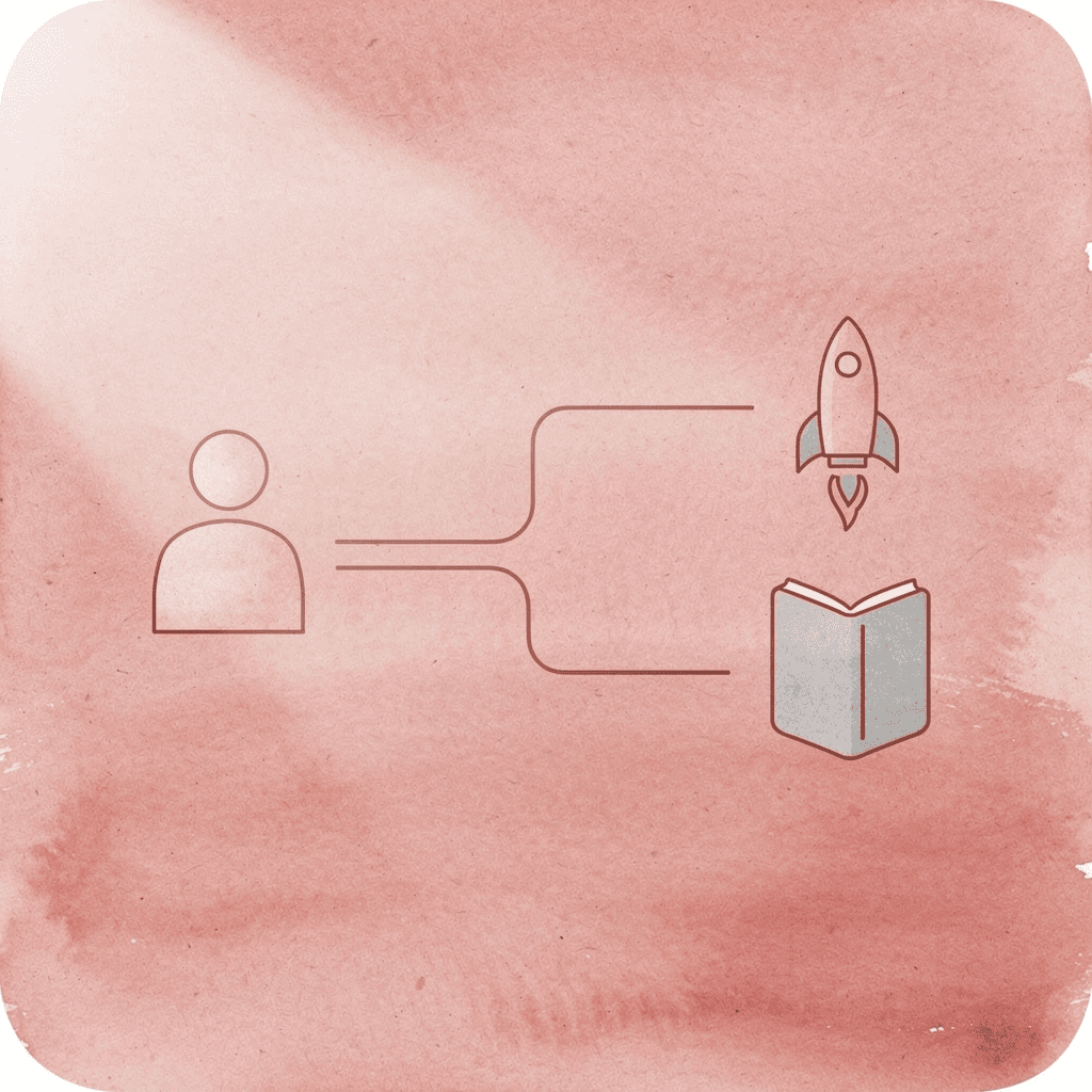 Business card icon splitting into two different outcome paths