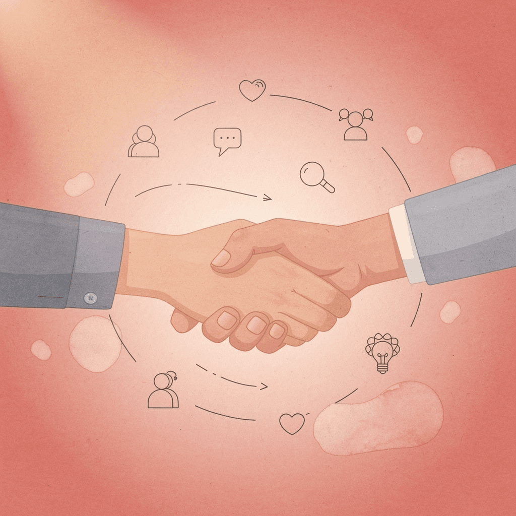 Scene illustration of hands exchanging business cards representing brand connection