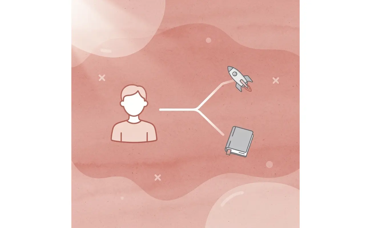 Business card icon splitting into two paths representing different purposes