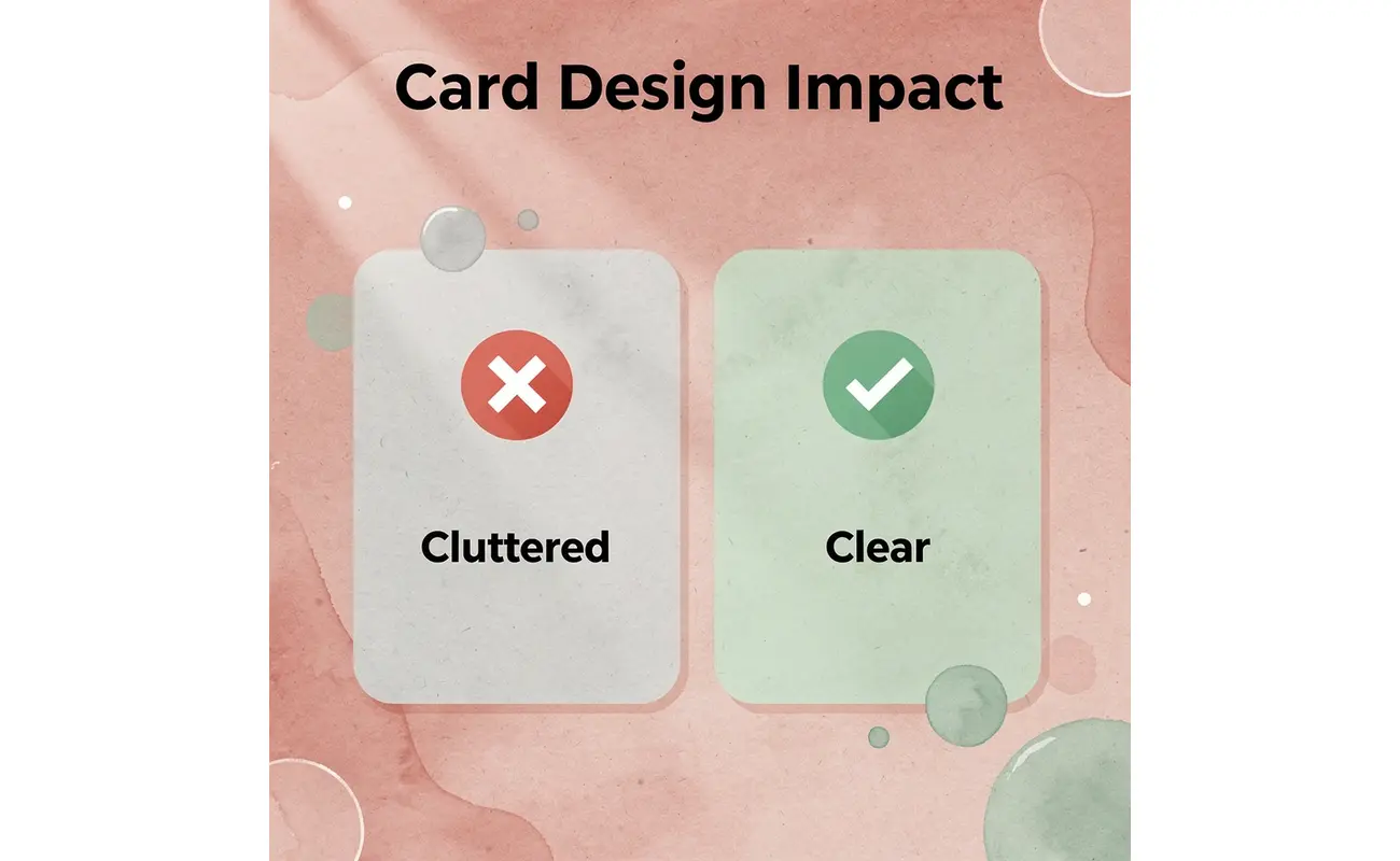 Before and after comparison showing cluttered vs clear business card design