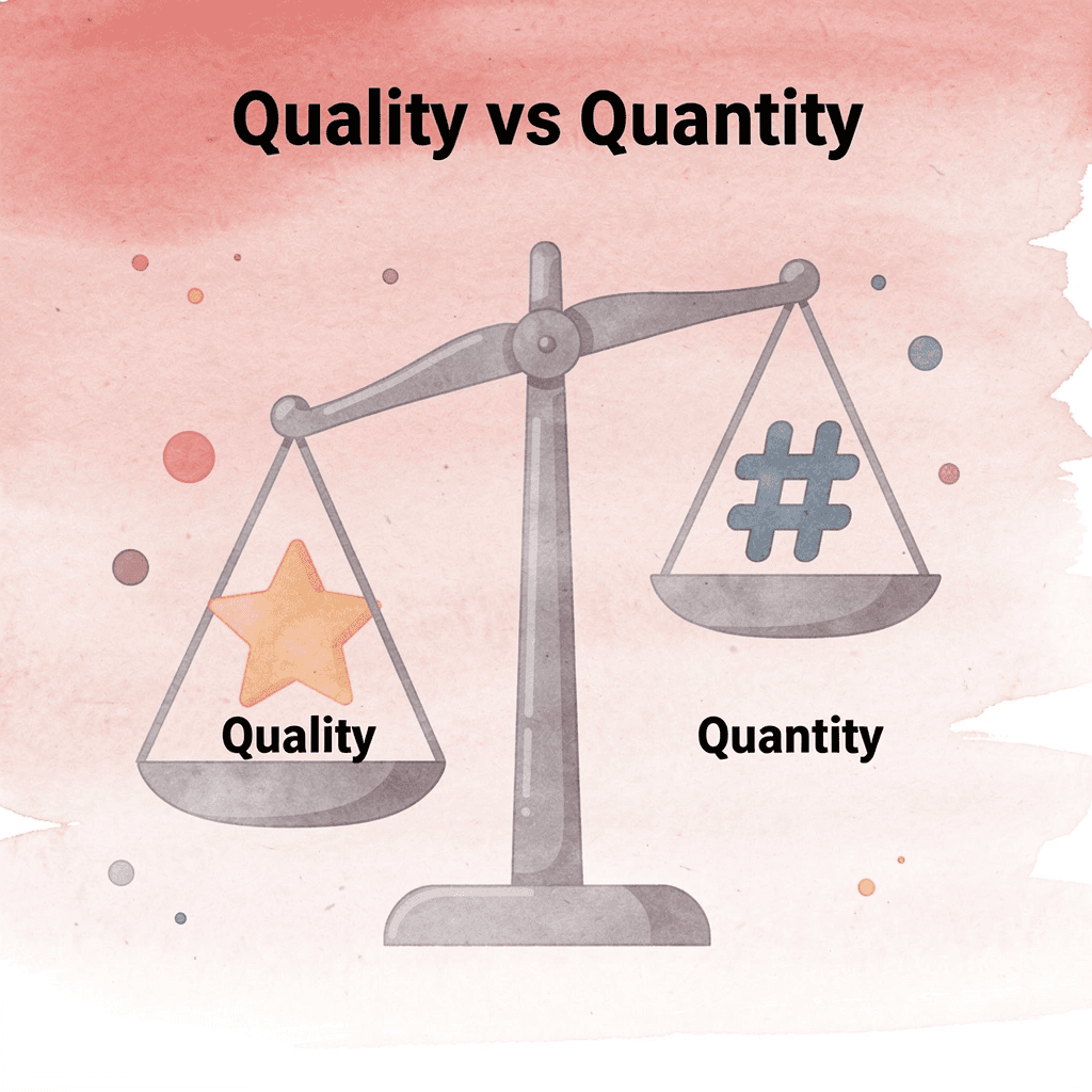 Balance scale comparing quality versus quantity in social media presence