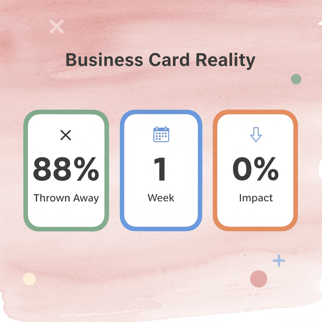 Statistics showing 88% of business cards are thrown away within one week with zero impact