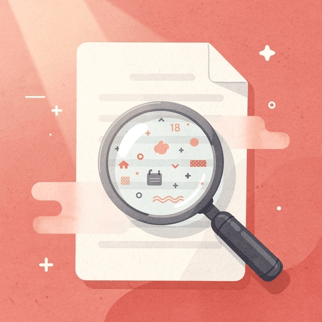 Magnifying glass examining business card design elements