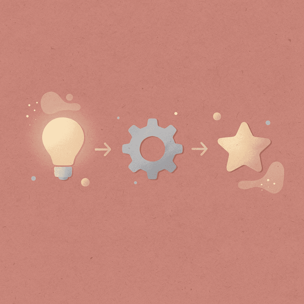 Three icons representing first impression, workflow, and results progression - Business Card Paper Weight