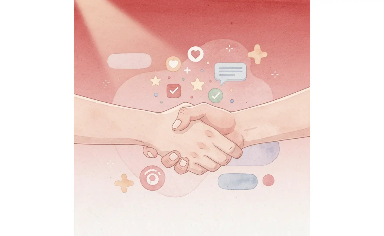  Scene of handshake with floating icons representing memorable business connections
