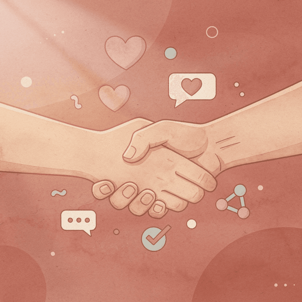  Handshake scene with floating business cards and social media icons representing networking to digital connection