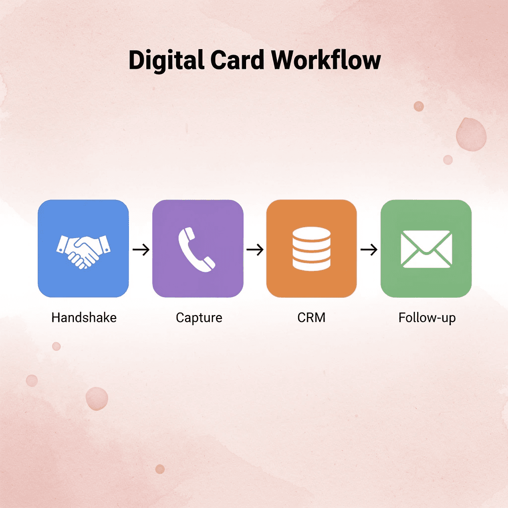 Process flow showing digital business card workflow from handshake to follow-up