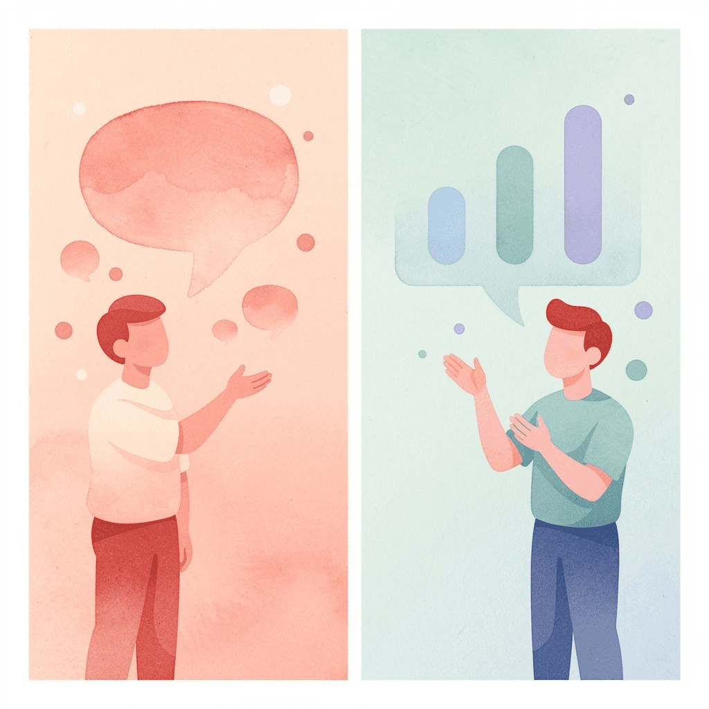 Split scene showing two different approaches to business card design