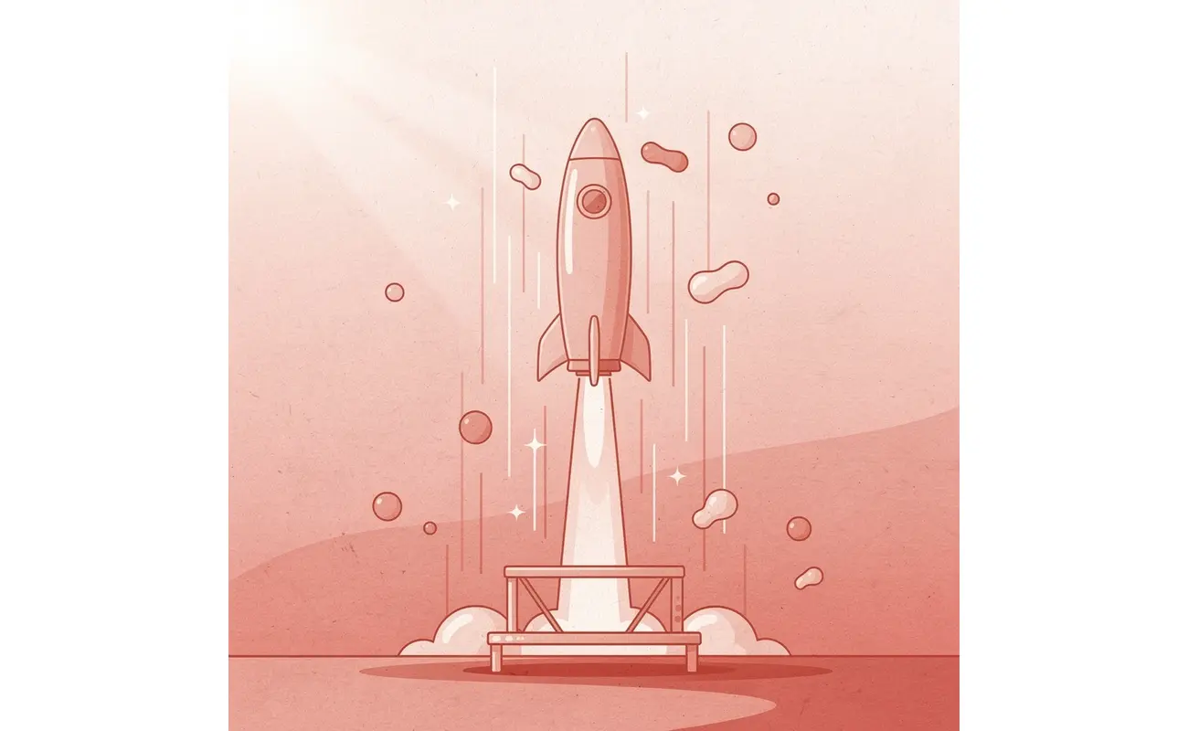 Scene illustration of a rocket launching upward, representing strong business card execution and results