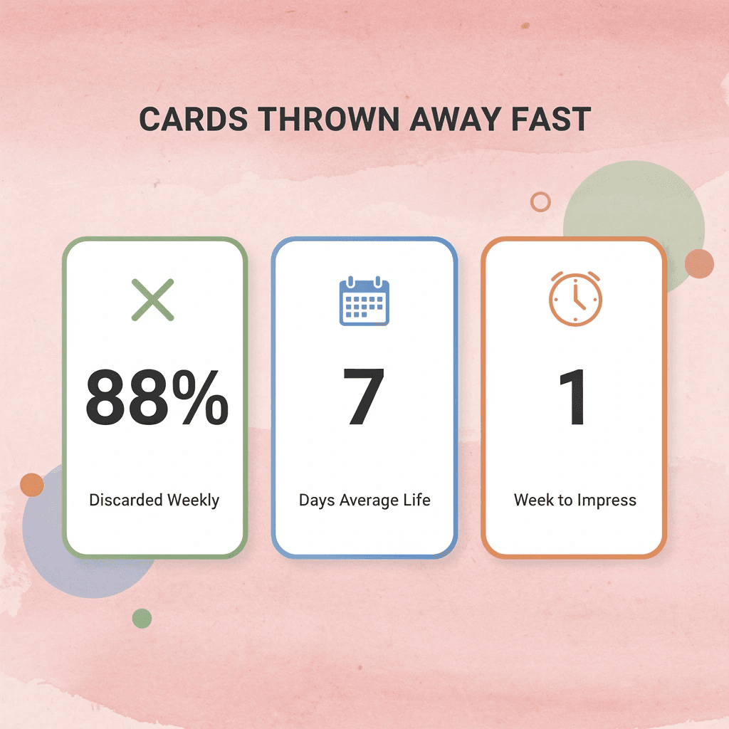 Stats infographic showing 88% of business cards are thrown away within a week