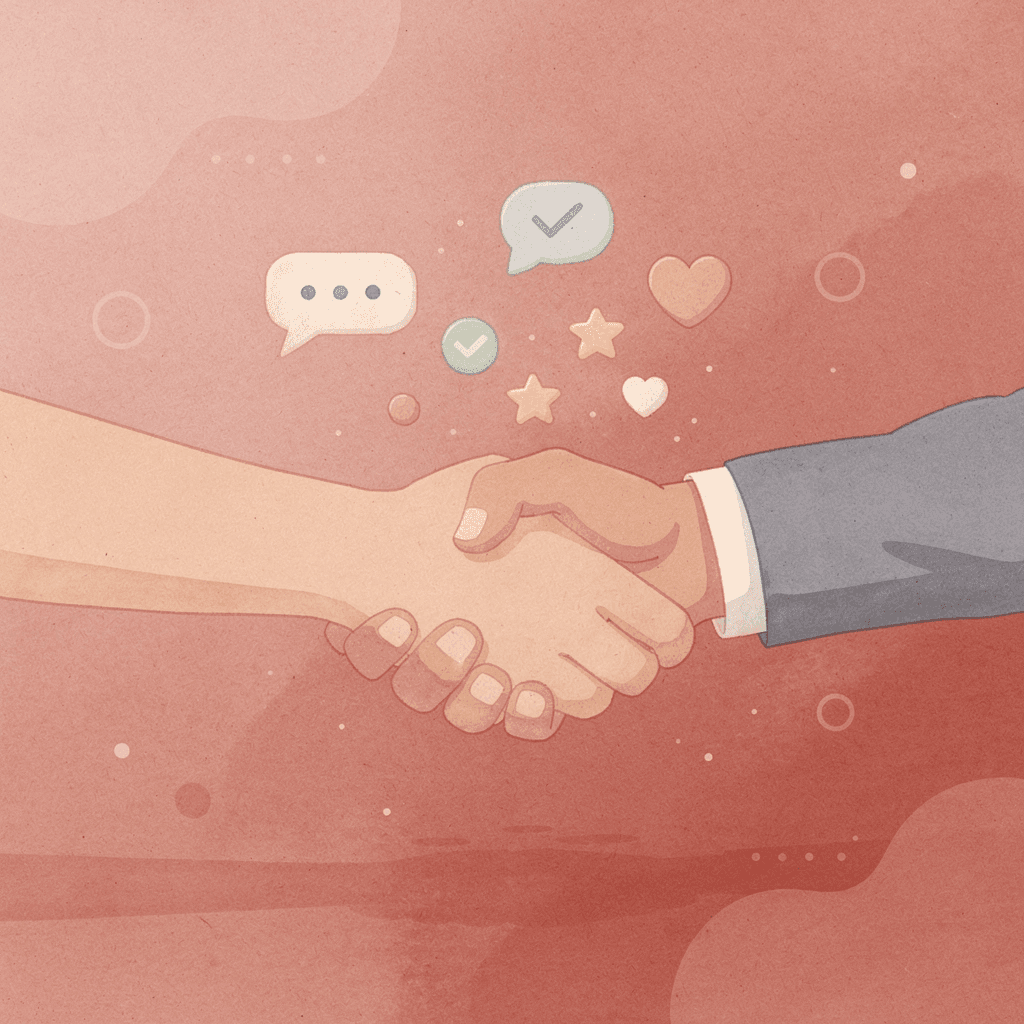 Scene of a handshake with floating icons representing conversation, follow-up, and relationship