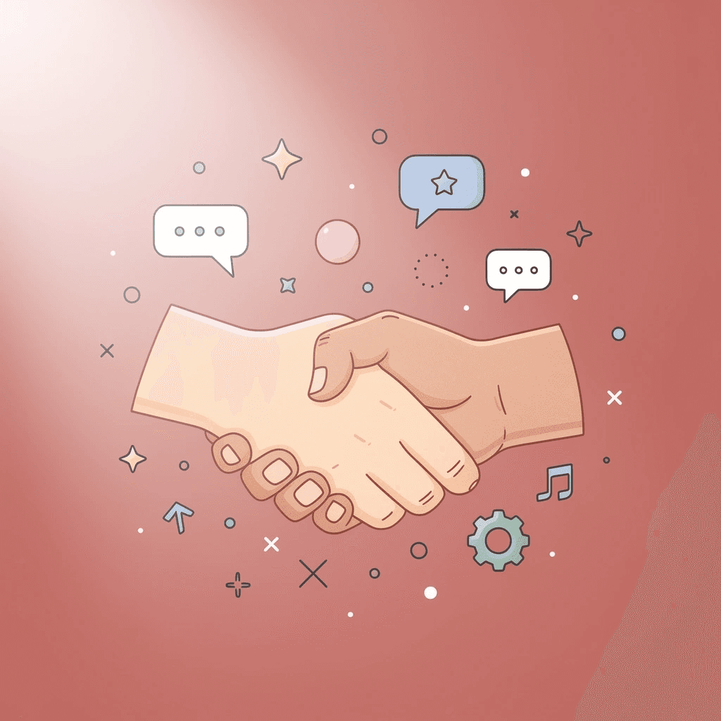 Scene of a handshake with floating digital icons representing business card opportunities
